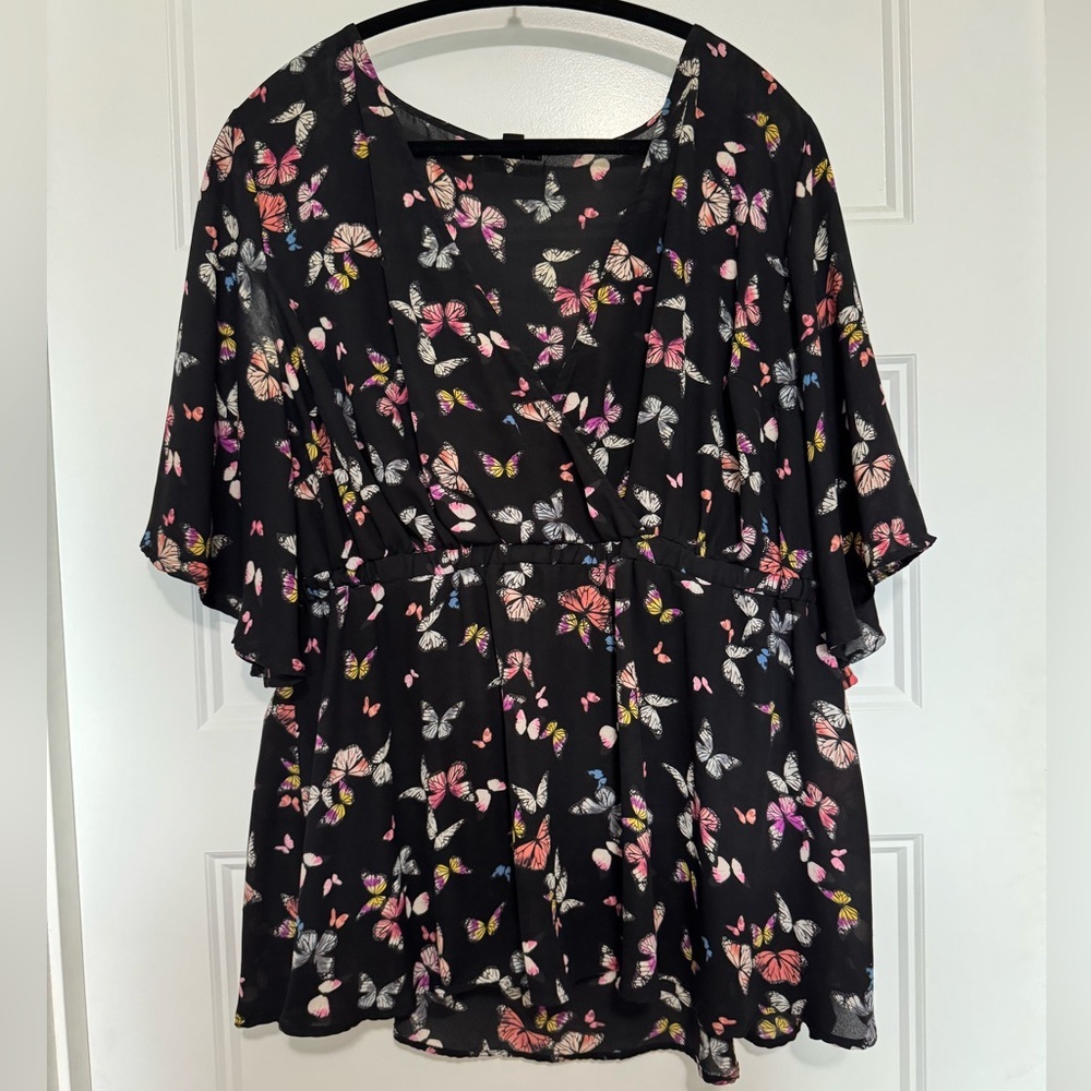 Torrid Black Peplum Blouse with Colorful Butterfly Print